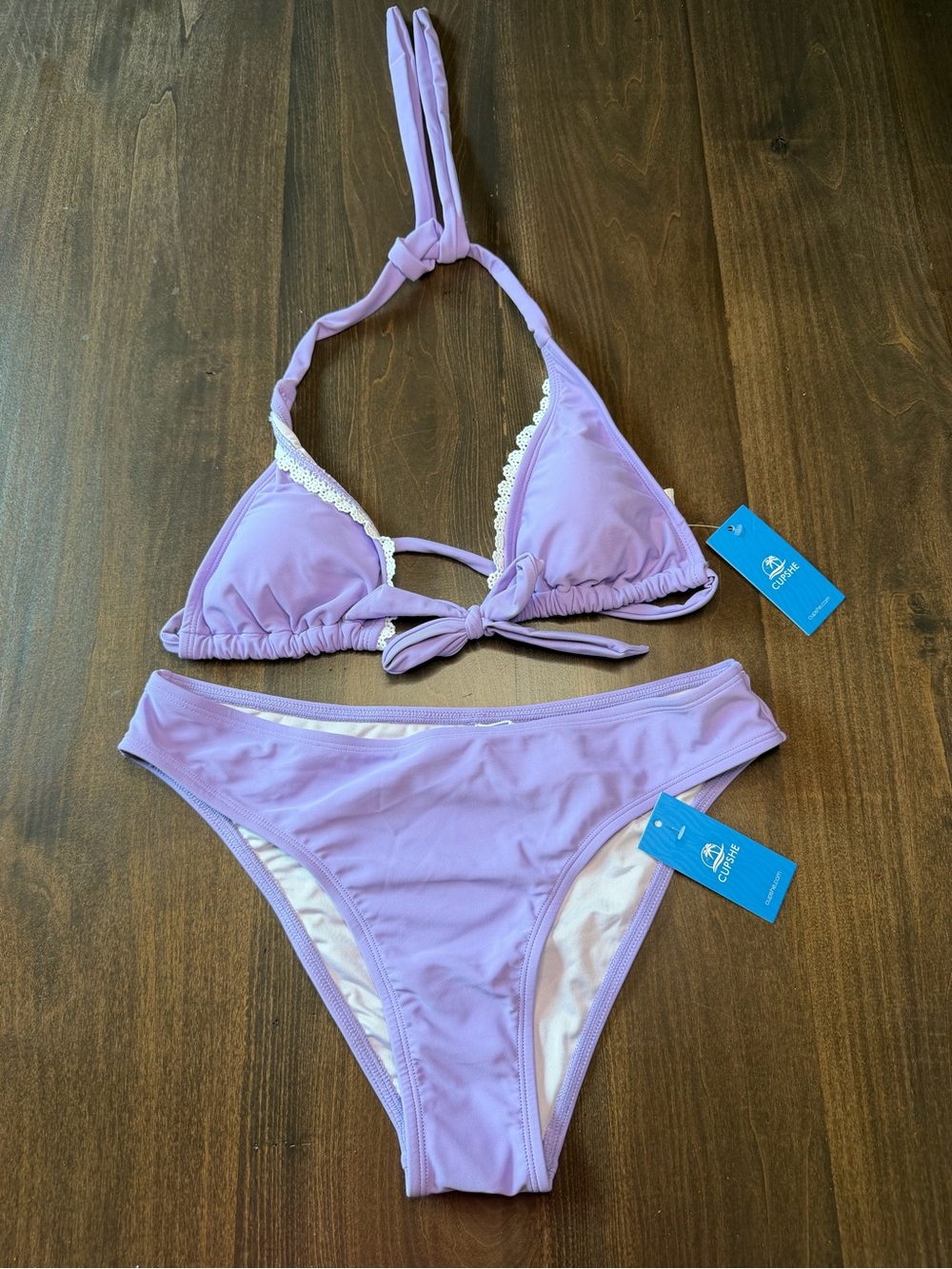 Cupshe Lilac Lace-Trim Triangle Bikini Set